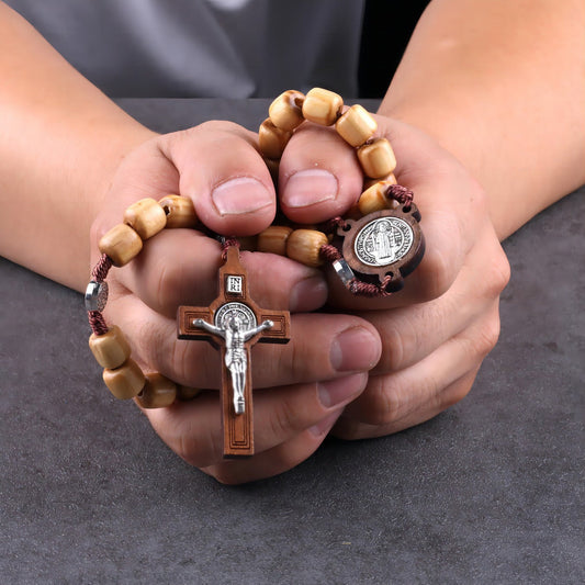 AMUSOUL Crafted Natural Wood St. Benedict Crucifix Rosary
