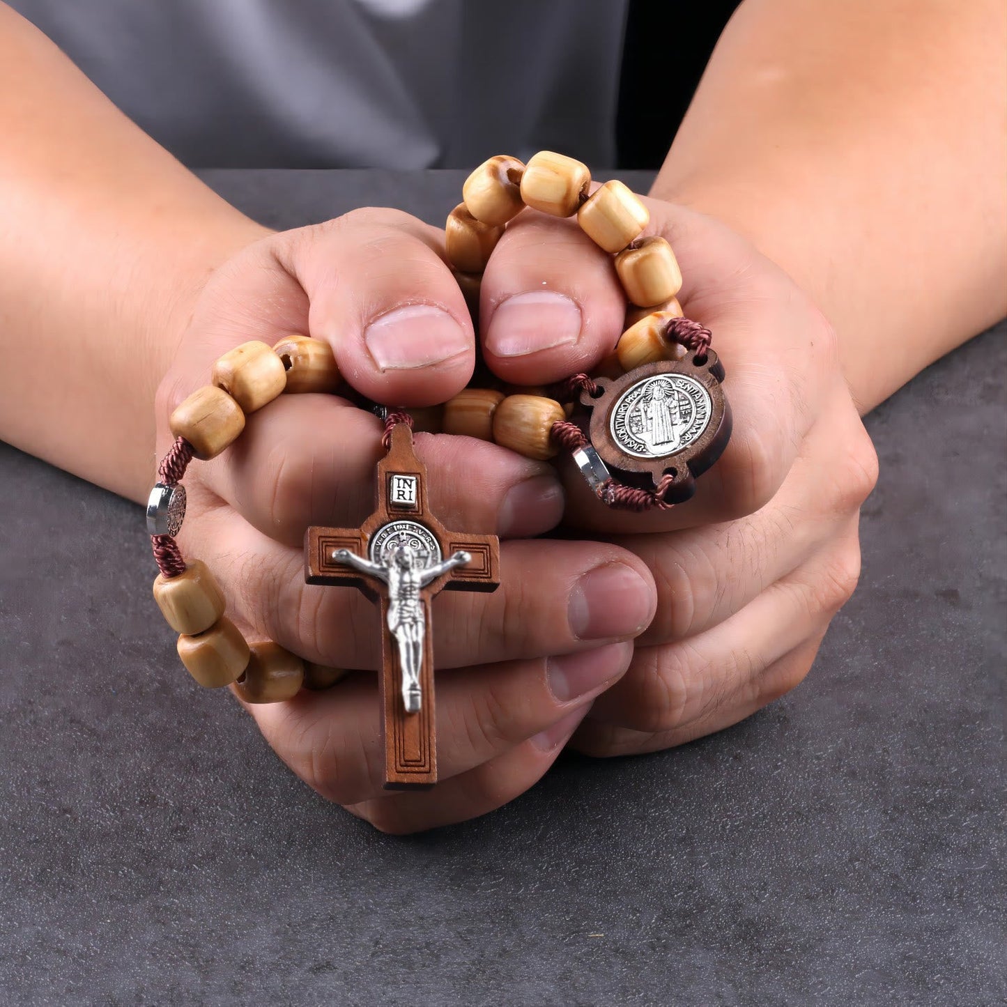 AMUSOUL Crafted Natural Wood St. Benedict Crucifix Rosary