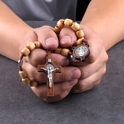 AMUSOUL Crafted Natural Wood St. Benedict Crucifix Rosary