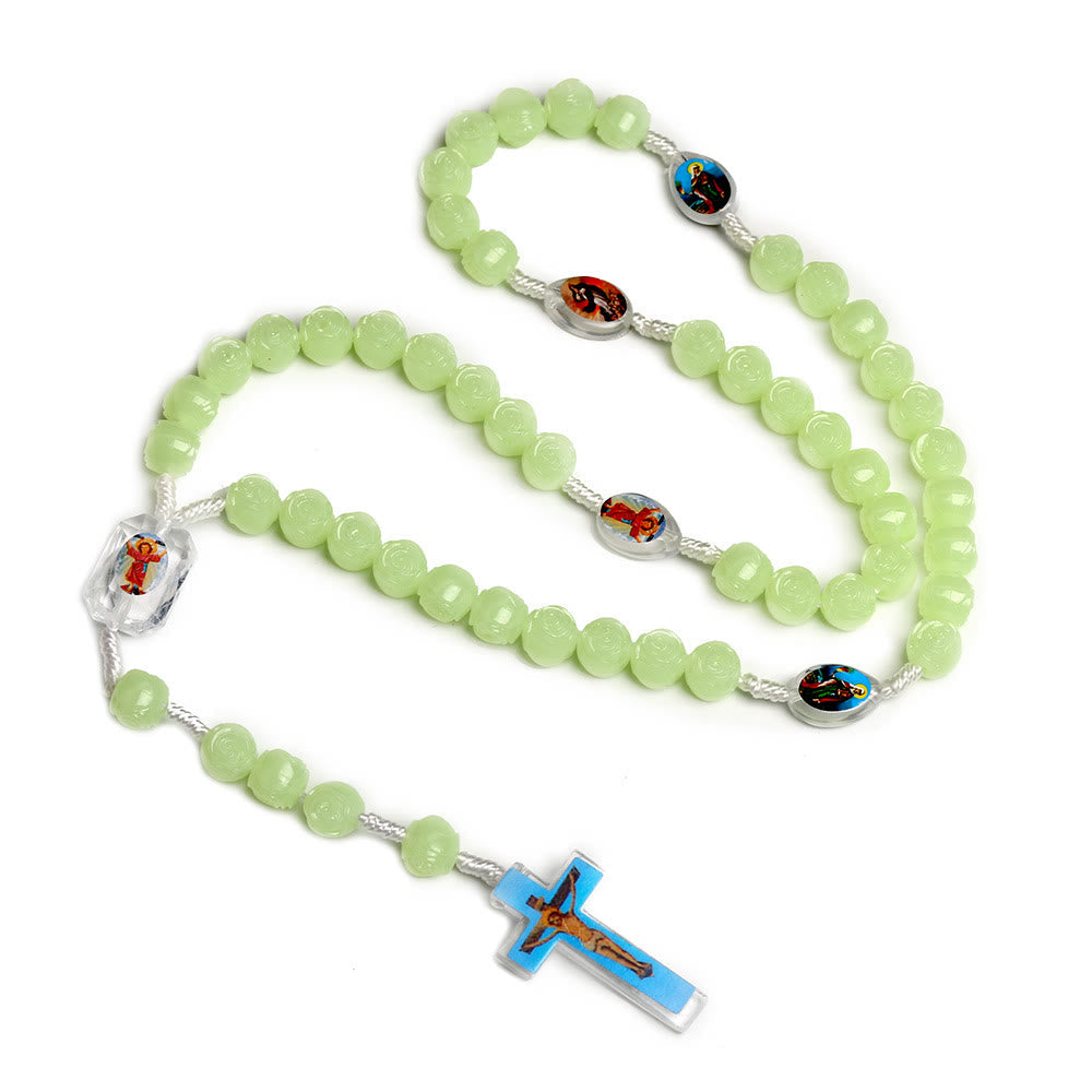 AMUSOUL Crucifix of 10 mm Rose Luminous Green Resin Nylon Cord Rosary