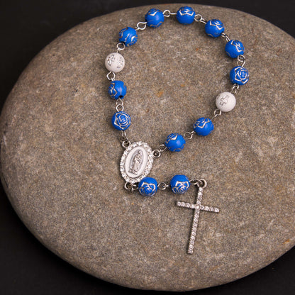 AMUSOUL Rose Beads Cross Our Lady Of Guadalupe Bracelet Rosary