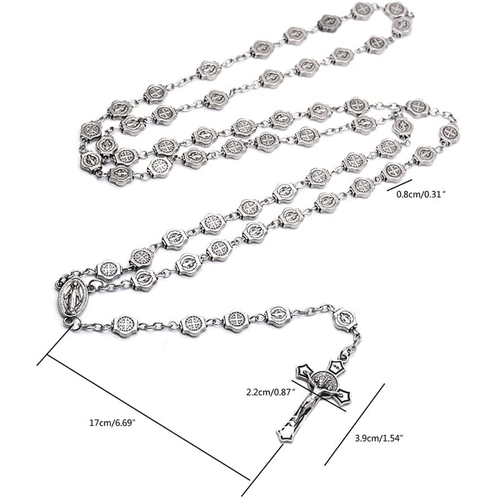 AMUSOUL St. Benedict Medal & Crucifix of 8 mm Polyhedron Silver Metal Alloy Chain Rosary