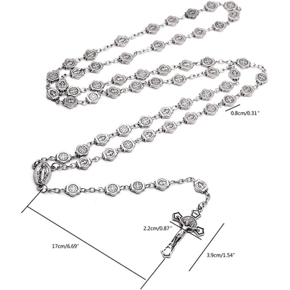 AMUSOUL St. Benedict Medal & Crucifix of 8 mm Polyhedron Silver Metal Alloy Chain Rosary