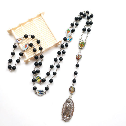 AMUSOUL Our Lady of Guadalupe of 6 mm Round Black Agate Alloy Chain Rosary