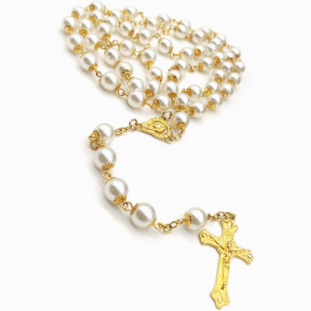 AMUSOUL White Pearl Beads Catholic Blessing Rosary