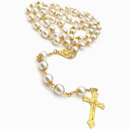 AMUSOUL White Pearl Beads Catholic Blessing Rosary