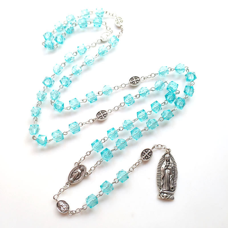AMUSOUL  Miraculous Medal & Our Lady of Guadalupe of 8 mm Polyhedron Blue Crystal Alloy Chain Rosary