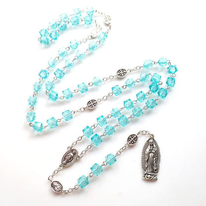 AMUSOUL  Miraculous Medal & Our Lady of Guadalupe of 8 mm Polyhedron Blue Crystal Alloy Chain Rosary