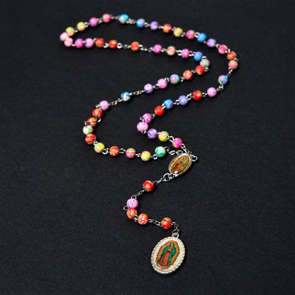 AMUSOUL Our Lady of Guadalupe & Crucifix of 6 mm Round Multicolor Polymer Clay Alloy Chain Rosary