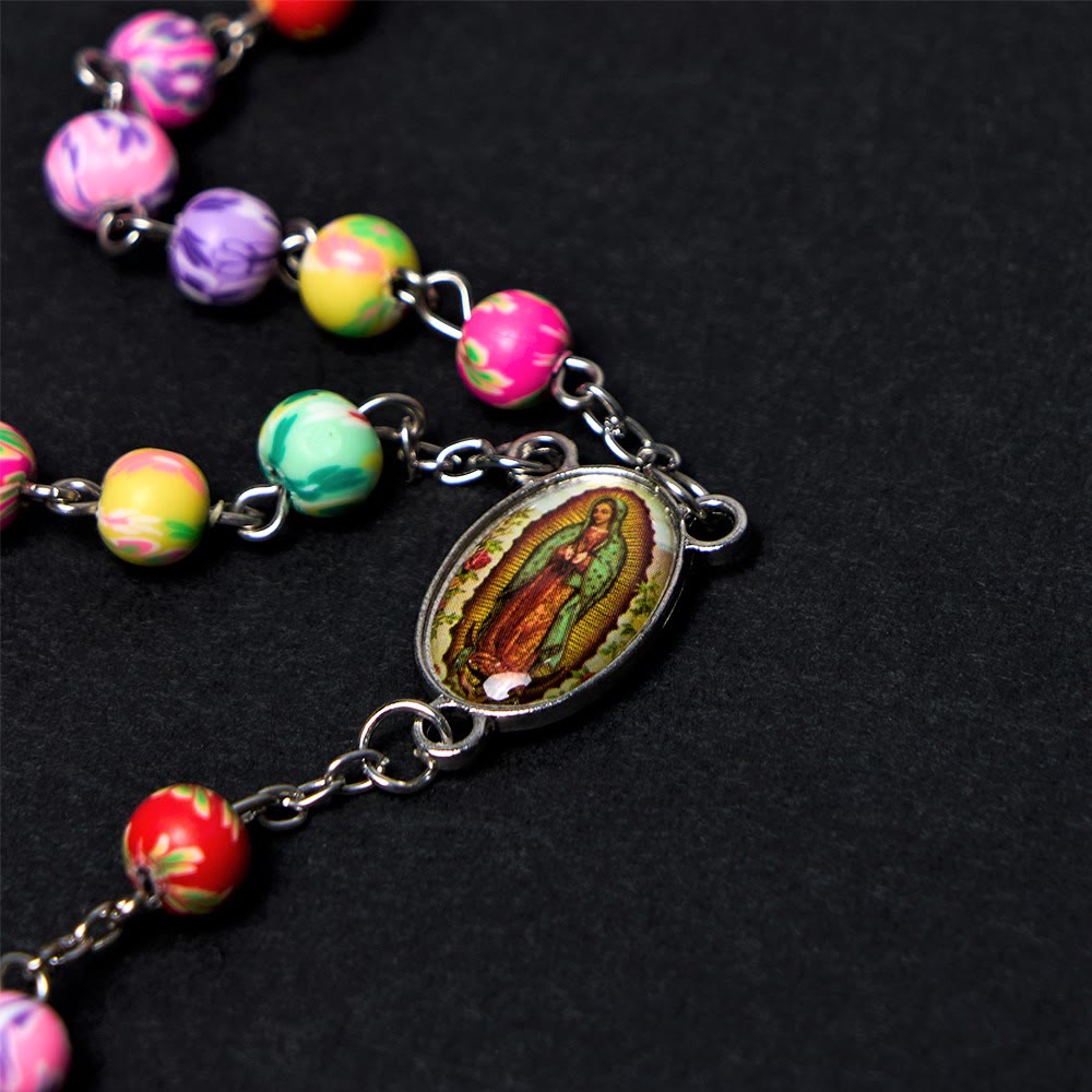 AMUSOUL Our Lady of Guadalupe & Crucifix of 6 mm Round Multicolor Polymer Clay Alloy Chain Rosary