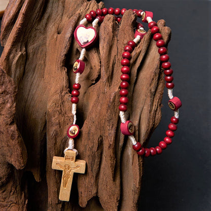 AMUSOUL Wine Red Wooden Beads Cross Virgin Mary Hand Held Rosary