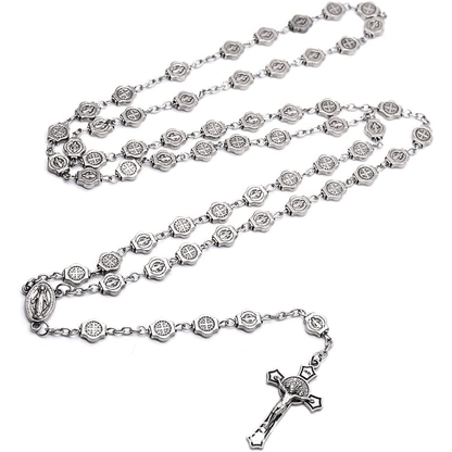 AMUSOUL St. Benedict Medal & Crucifix of 8 mm Polyhedron Silver Metal Alloy Chain Rosary