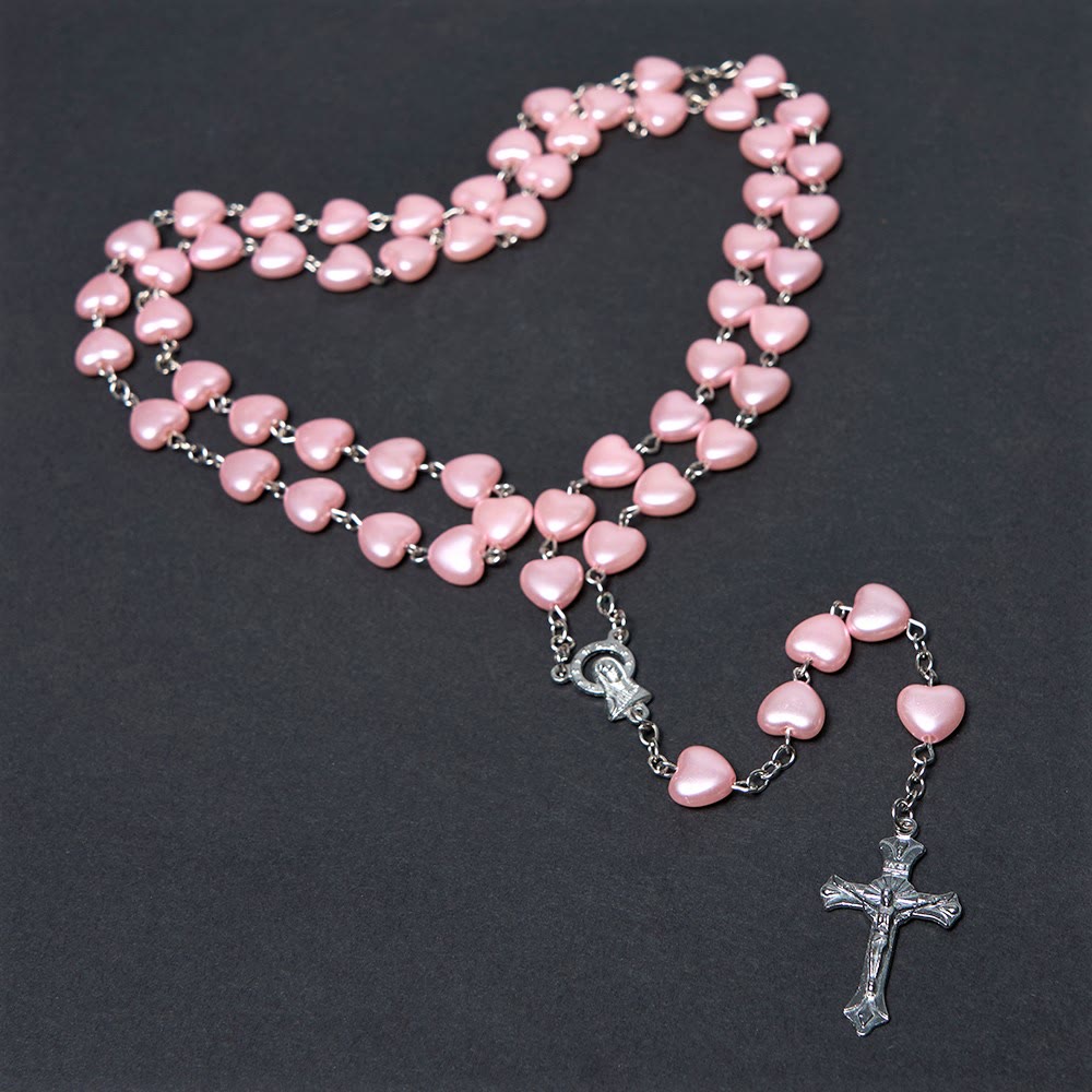 AMUSOUL Our Lady of Fátima & Crucifix of 10 mm Heart Pink Acrylic Alloy Chain Rosary