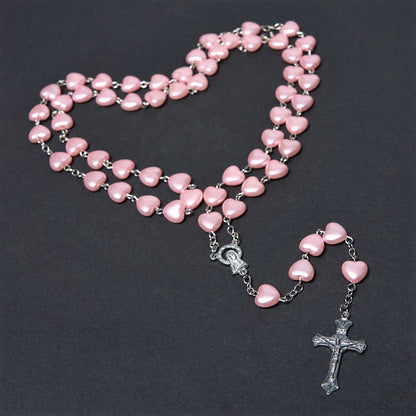 AMUSOUL Our Lady of Fátima & Crucifix of 10 mm Heart Pink Acrylic Alloy Chain Rosary