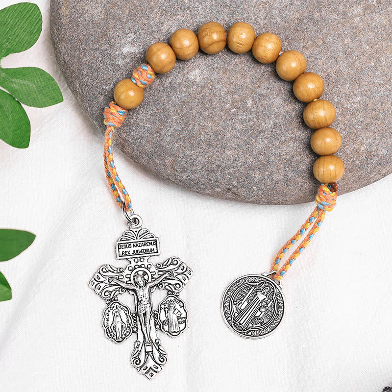 AMUSOUL Olive Wood Saint Benedict Medal Decade Rosary