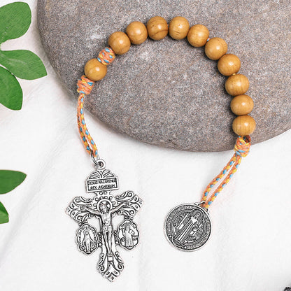 AMUSOUL Olive Wood Saint Benedict Medal Decade Rosary