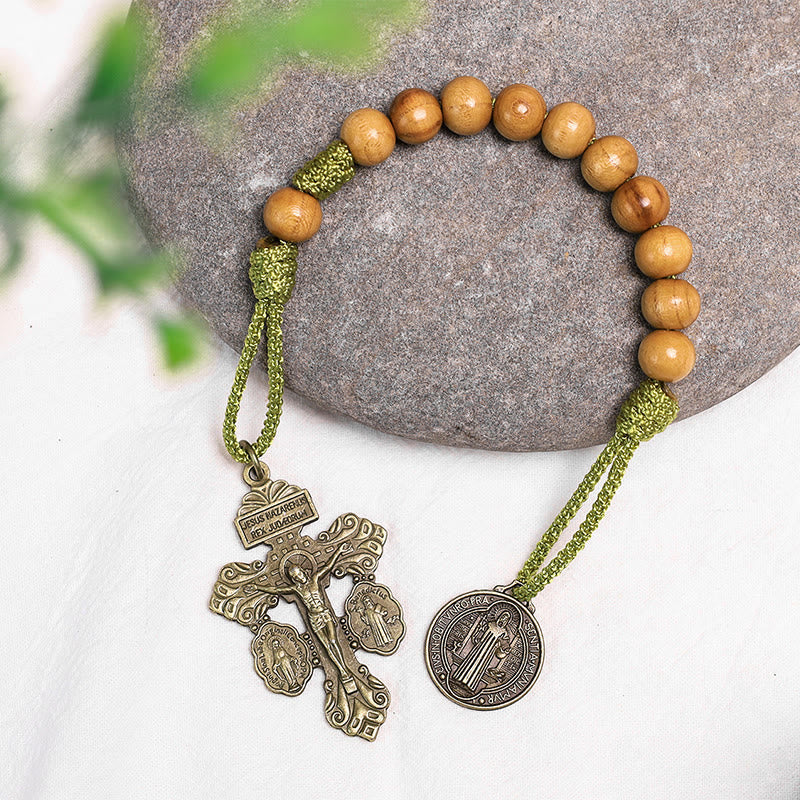 AMUSOUL Olive Wood Saint Benedict Medal Decade Rosary