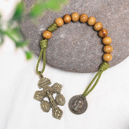 AMUSOUL Olive Wood Saint Benedict Medal Decade Rosary