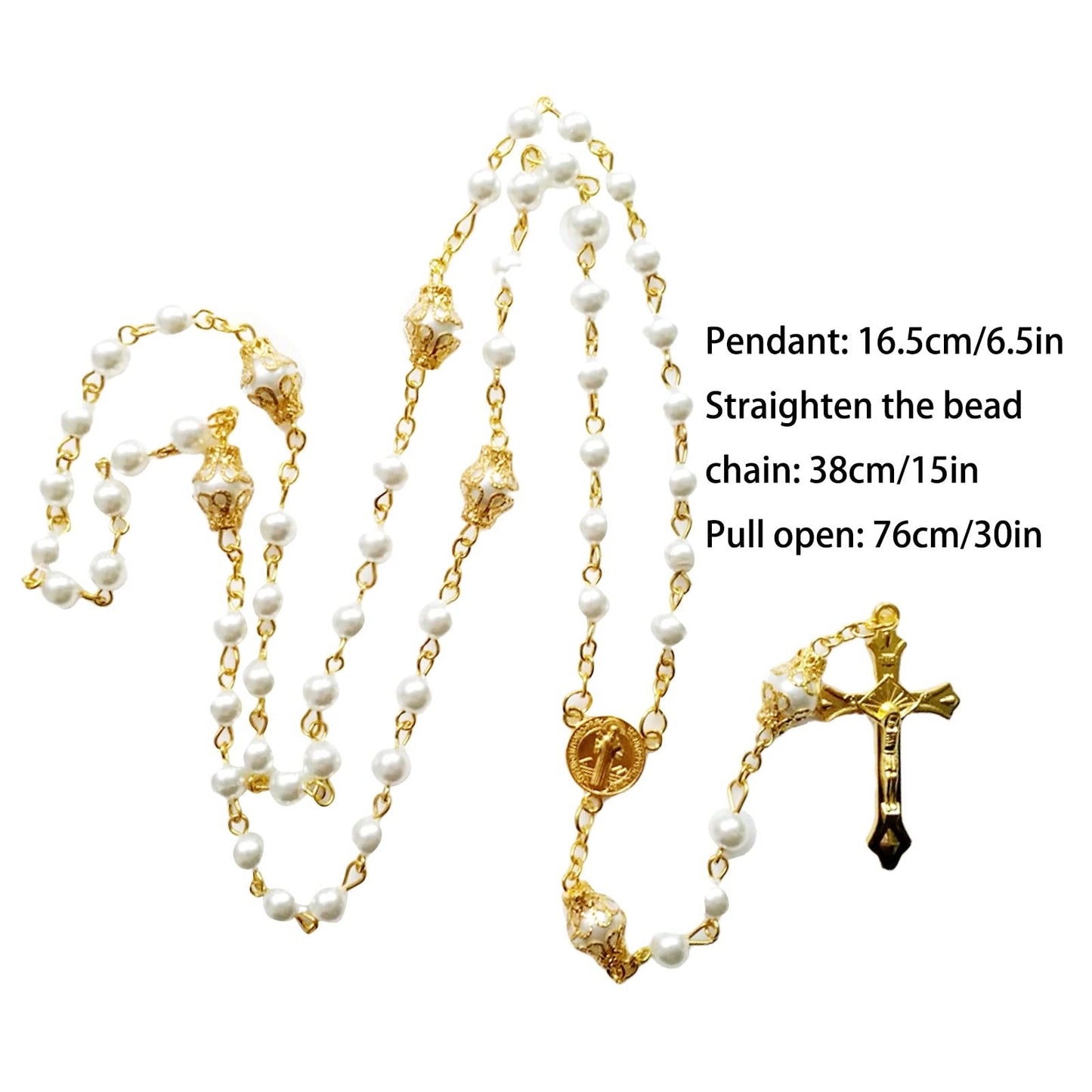 AMUSOUL St. Benedict Medal & Crucifix of 6 mm Round White Pearl Alloy Chain Rosary