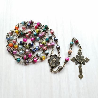 AMUSOUL Our Lady of Fátima & Crucifix of 6 mm Round Multicolor Acrylic Alloy Chain Rosary