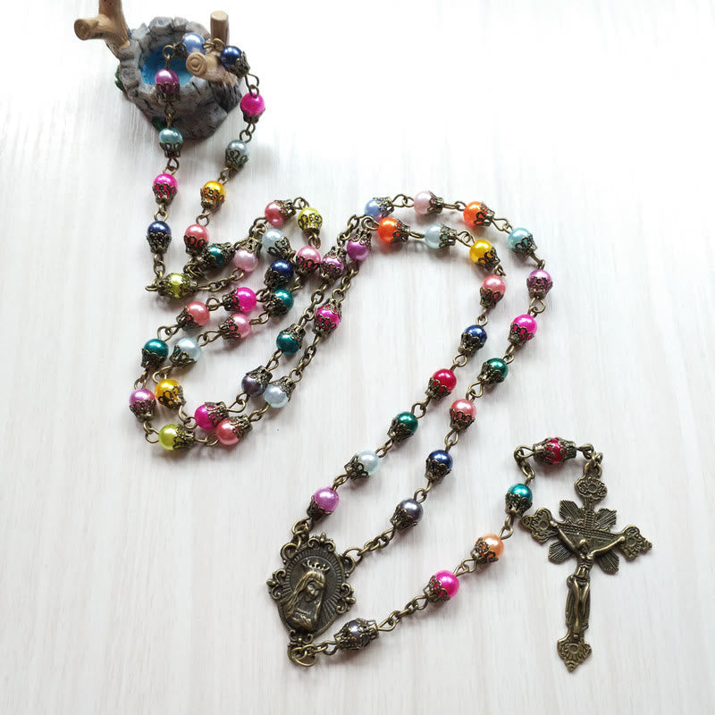 AMUSOUL Our Lady of Fátima & Crucifix of 6 mm Round Multicolor Acrylic Alloy Chain Rosary