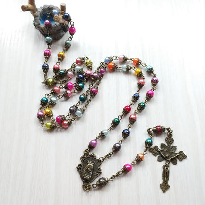 AMUSOUL Our Lady of Fátima & Crucifix of 6 mm Round Multicolor Acrylic Alloy Chain Rosary