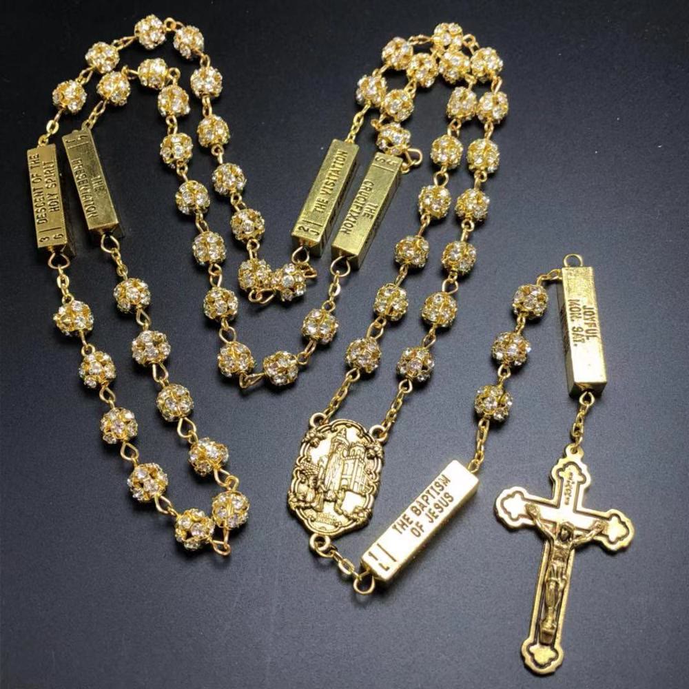 AMUSOUL Our Lady of Fátima & Crucifix of 8 mm Round Golden Metal Gems Alloy Chain Rosary