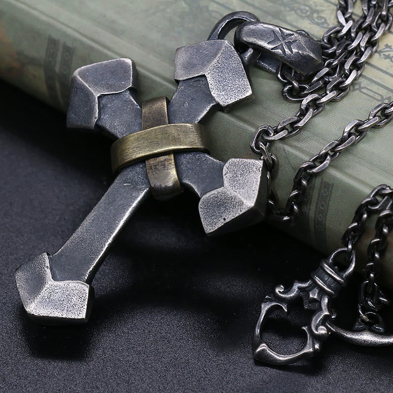 AMUSOUL 925 Sterling Silver Retro Style Heavy Metal Cross Pendant Necklace