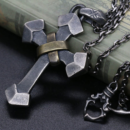 AMUSOUL 925 Sterling Silver Retro Style Heavy Metal Cross Pendant Necklace