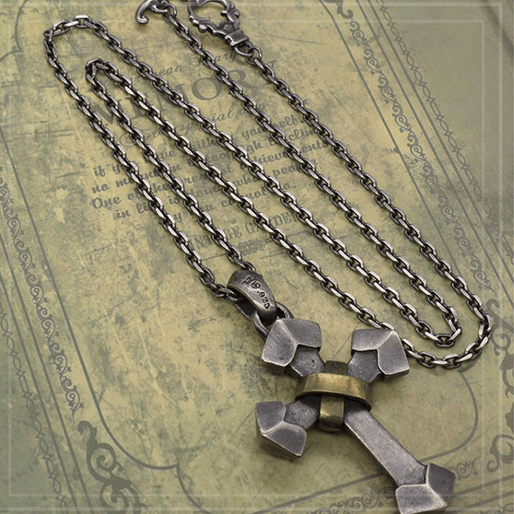 AMUSOUL 925 Sterling Silver Retro Style Heavy Metal Cross Pendant Necklace