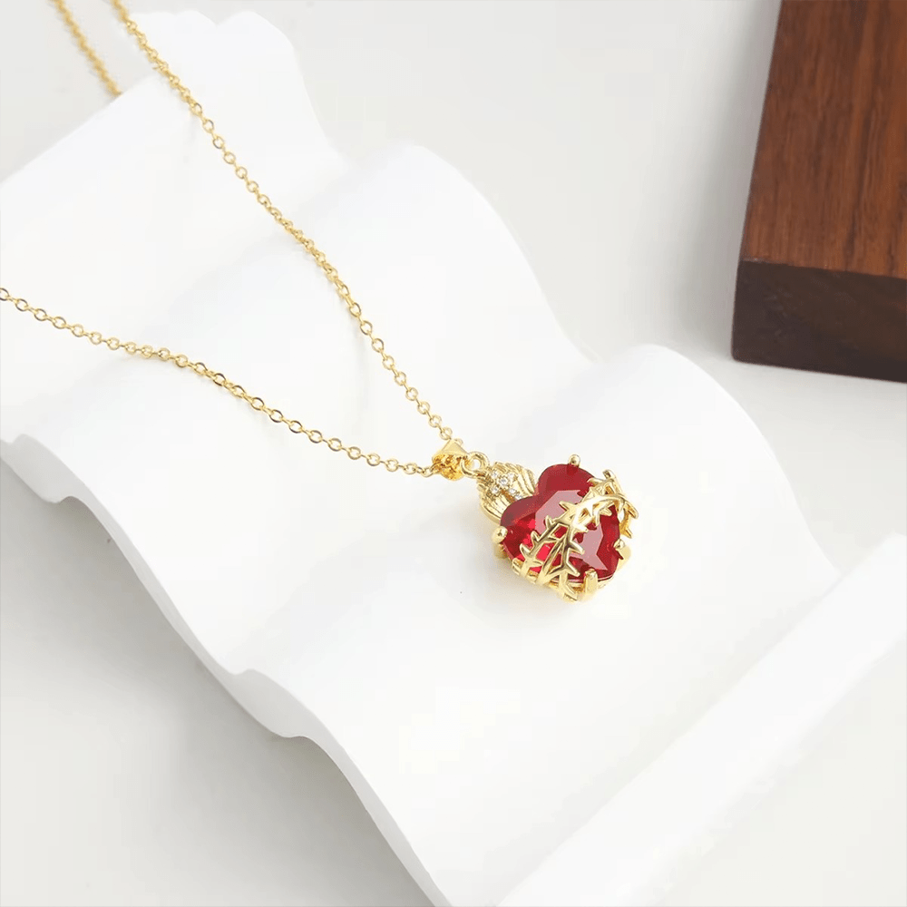 AMUSOUL Modern Style Crafted Red Gemstones Sacred Heart of Jesus Pendant Necklace