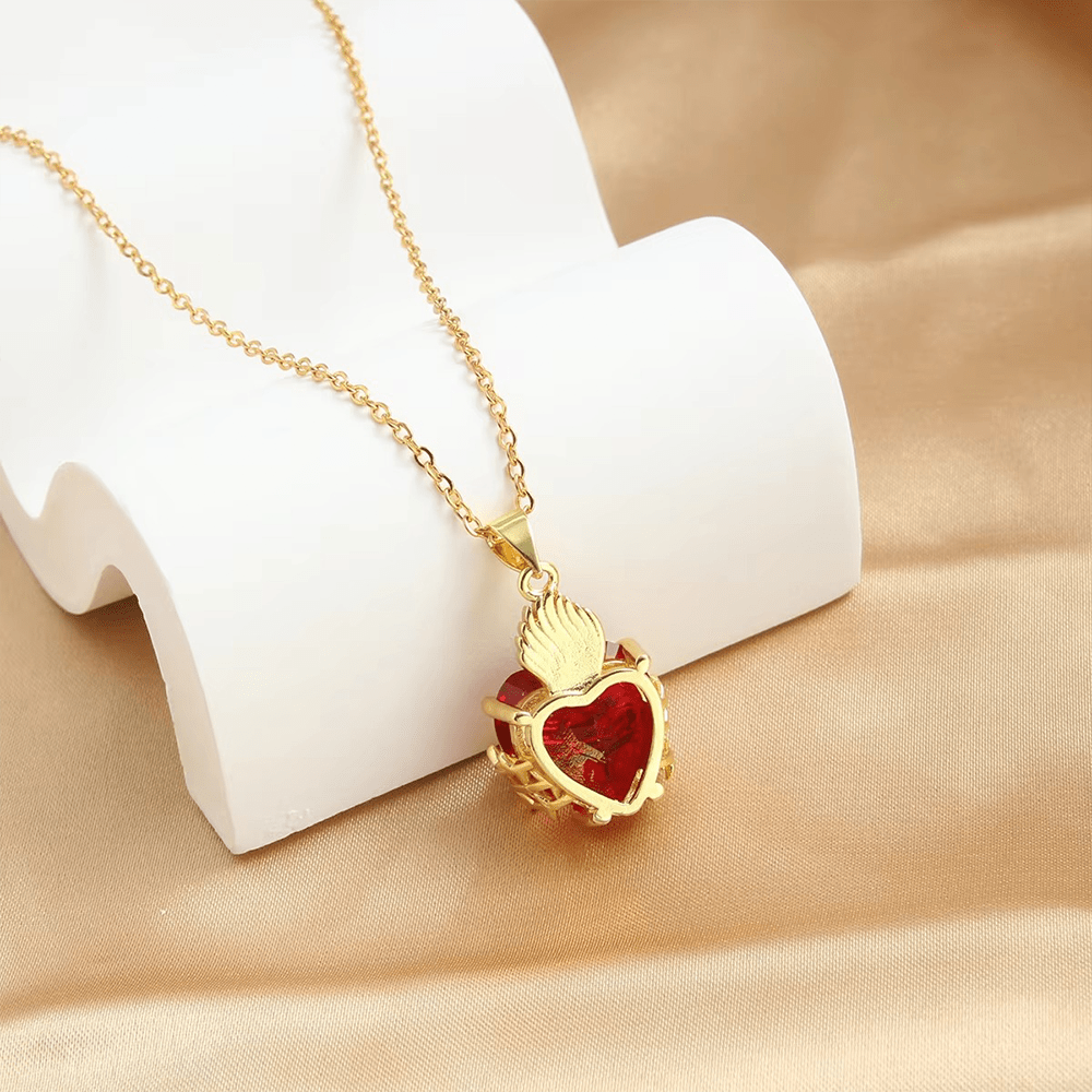 AMUSOUL Modern Style Crafted Red Gemstones Sacred Heart of Jesus Pendant Necklace