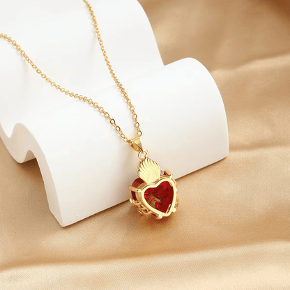 AMUSOUL Modern Style Crafted Red Gemstones Sacred Heart of Jesus Pendant Necklace