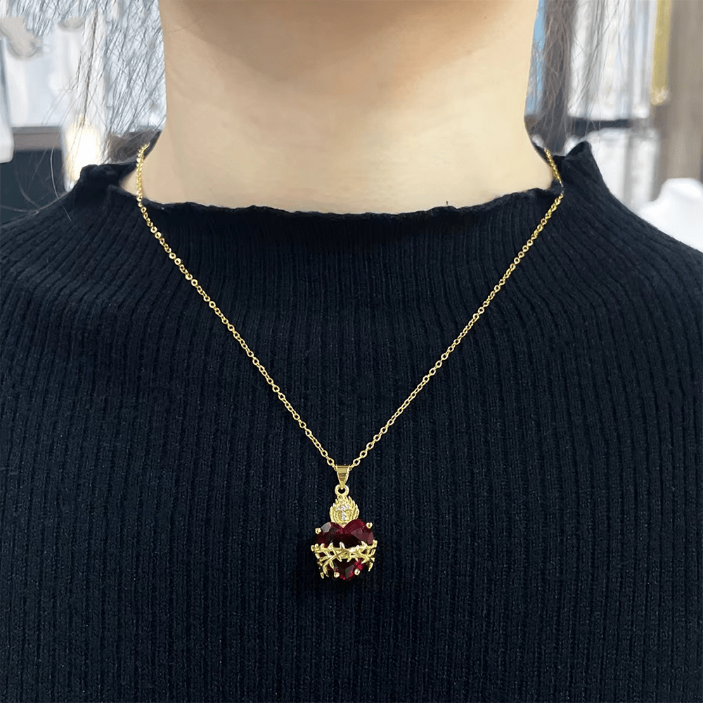 AMUSOUL Modern Style Crafted Red Gemstones Sacred Heart of Jesus Pendant Necklace