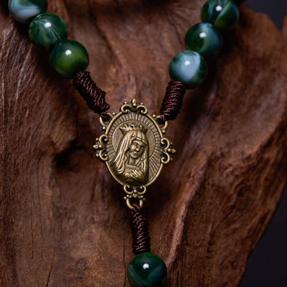 AMUSOUL Our Lady of Guadalupe & Crucifix of 10 mm Round Green Agate Nylon Cord Rosary