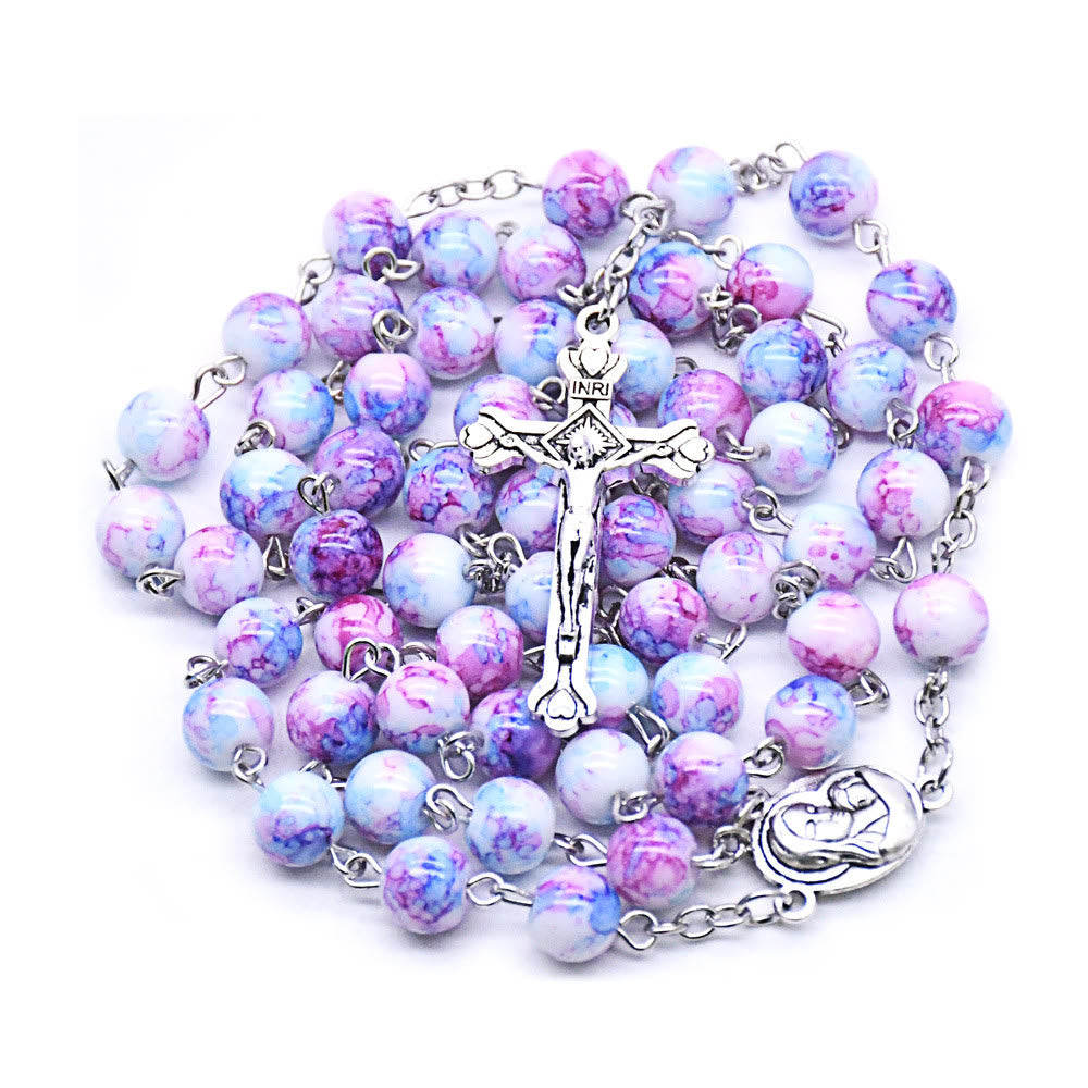 AMUSOUL Madonna and Child & Crucifix of 6 mm Round Purple Glass Alloy Chain Rosary