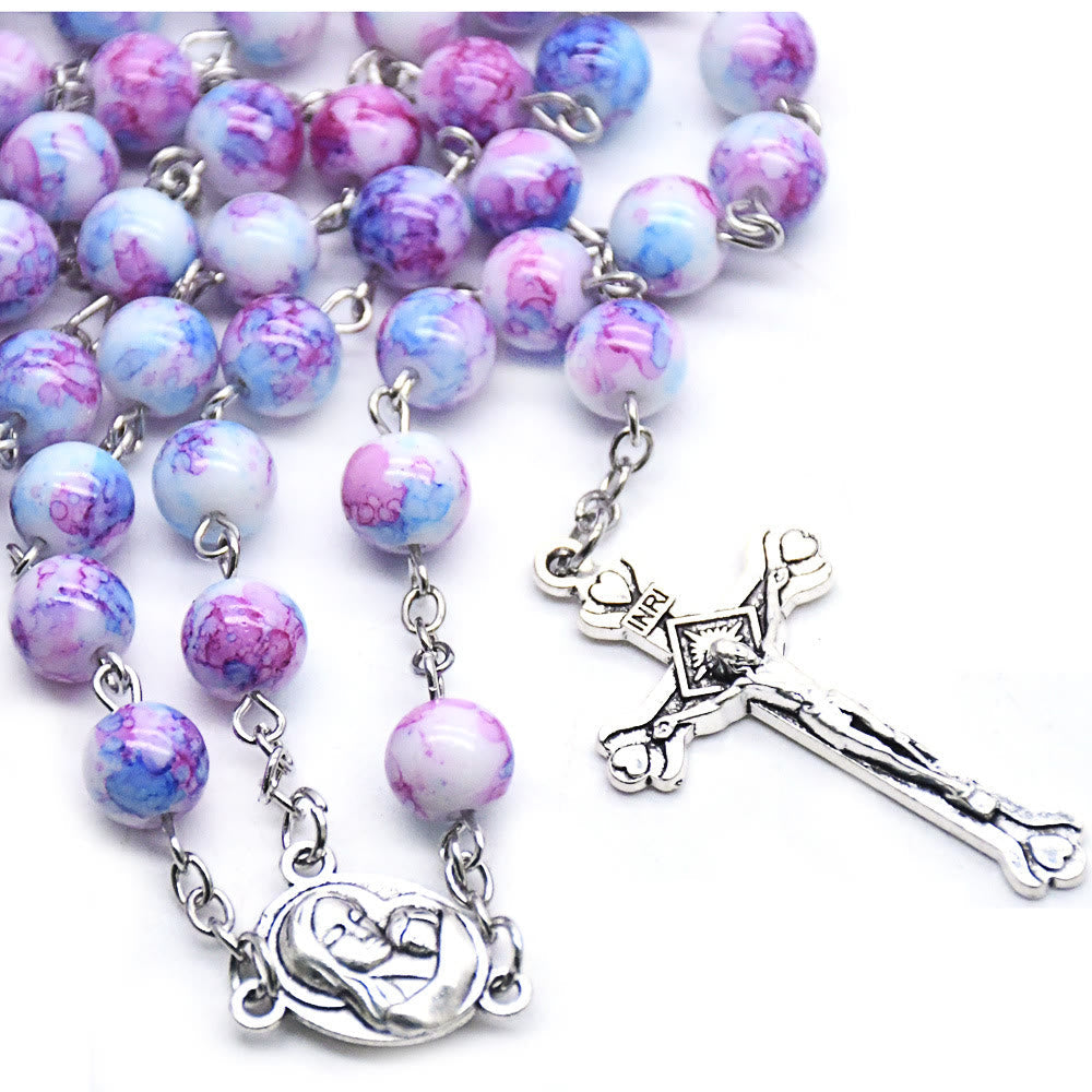 AMUSOUL Madonna and Child & Crucifix of 6 mm Round Purple Glass Alloy Chain Rosary