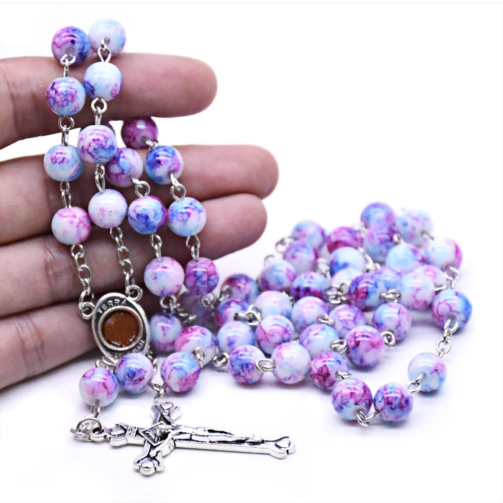AMUSOUL Madonna and Child & Crucifix of 6 mm Round Purple Glass Alloy Chain Rosary