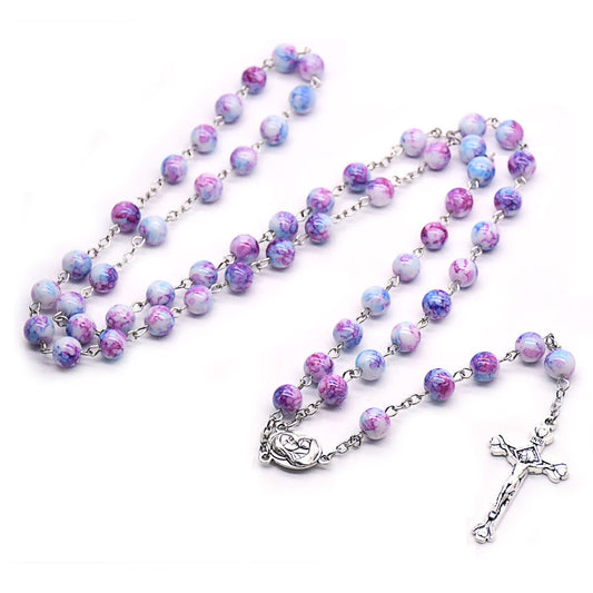 AMUSOUL Madonna and Child & Crucifix of 6 mm Round Purple Glass Alloy Chain Rosary
