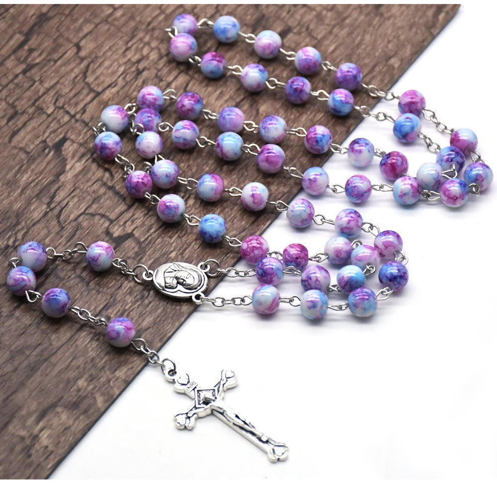 AMUSOUL Madonna and Child & Crucifix of 6 mm Round Purple Glass Alloy Chain Rosary