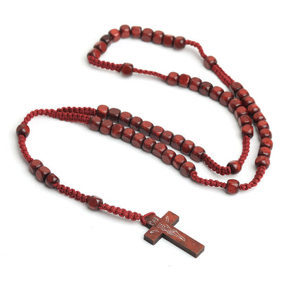 AMUSOUL Crucifix of 8 mm Square Multicolor Wood Nylon Cord Rosary(3 COLOR)