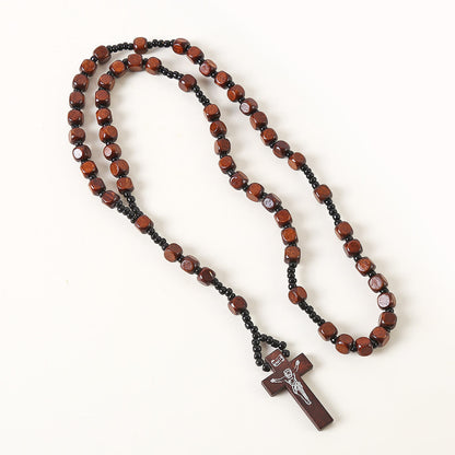 AMUSOUL Crucifix of 8 mm Square Multicolor Wood Nylon Cord Rosary(3 COLOR)