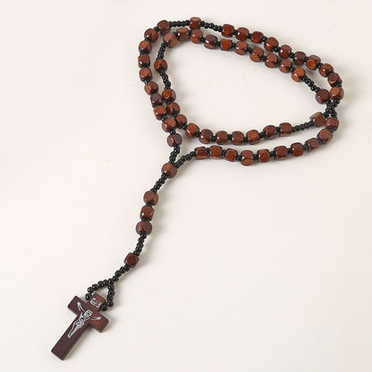 AMUSOUL Crucifix of 8 mm Square Multicolor Wood Nylon Cord Rosary(3 COLOR)