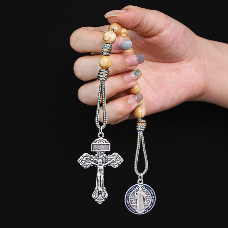 AMUSOUL Olive Wood Saint Benedict Medal Decade Rosary
