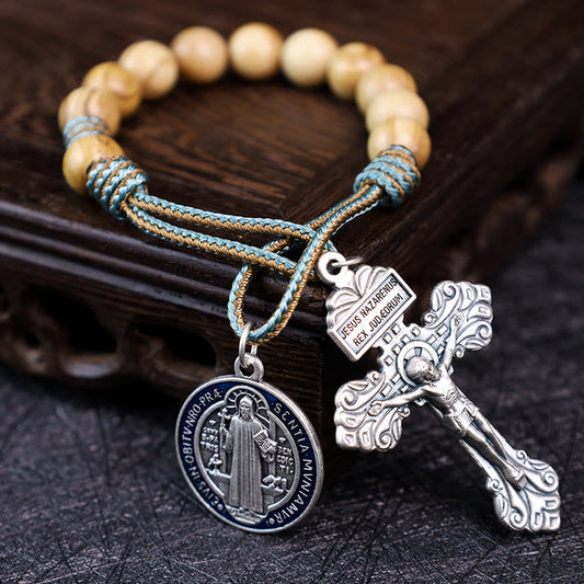 AMUSOUL Olive Wood Saint Benedict Medal Decade Rosary