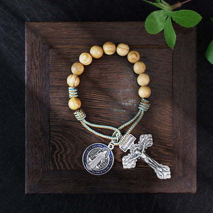 AMUSOUL Olive Wood Saint Benedict Medal Decade Rosary