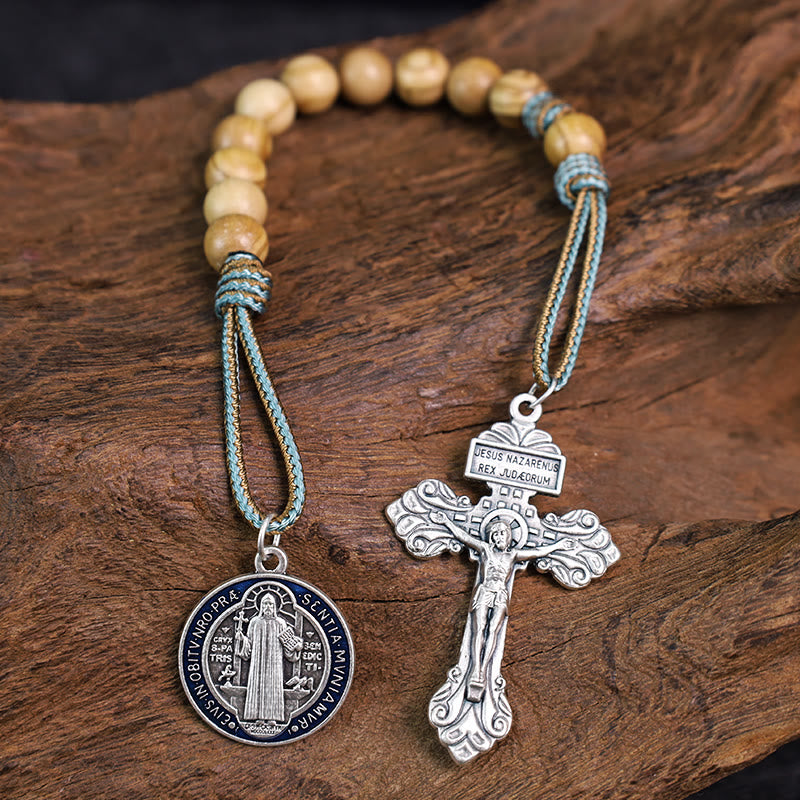 AMUSOUL Olive Wood Saint Benedict Medal Decade Rosary