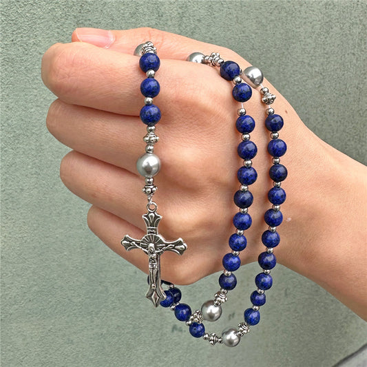AMUSOUL Natural Stone & Pearl Miraculous Medal Prayer Rosary