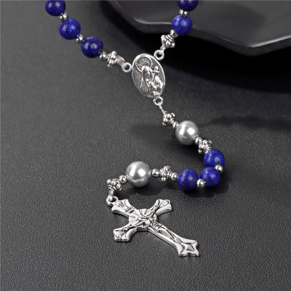 AMUSOUL Natural Stone & Pearl Miraculous Medal Prayer Rosary