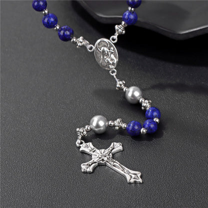 AMUSOUL Natural Stone & Pearl Miraculous Medal Prayer Rosary